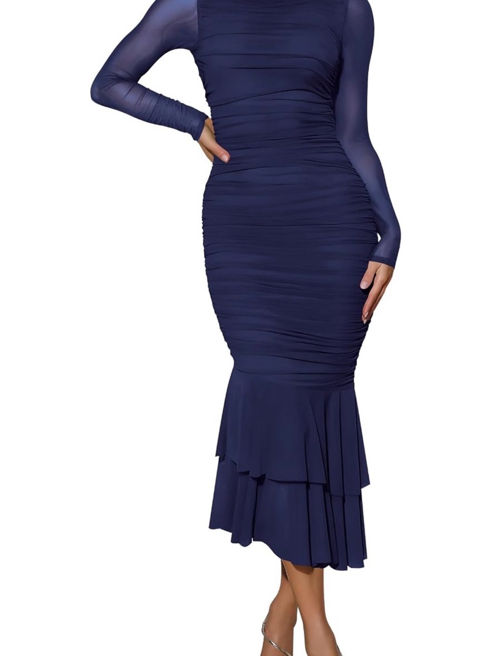 Ruched Navy Long-Sleeve Midi Dress with Tiered Hem